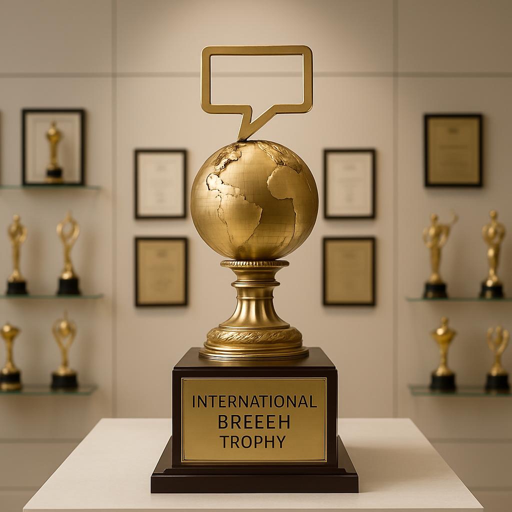 International Breeh Trophy with a globe and certainly food-symbol-location icon. Pictured amidst prize shelves and wall pl...