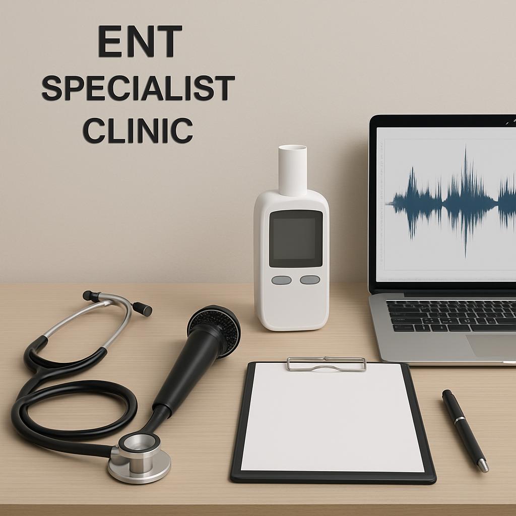 The ENT specialist clinic consists of a microphone, stethoscope, other medical tools of neat organized boxes in the middle...